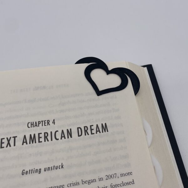 3D-printed heart-shaped bookmark in a classic black and white design